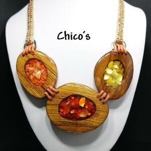Chico's Wooden Clear Resin Leather Necklace, 25 Inches, New With Tags